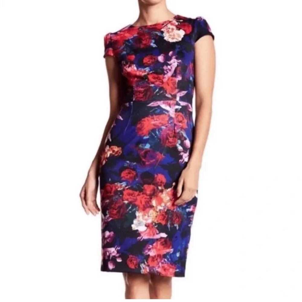 Betsey Johnson Dress Womens 2 Black Floral Cap Sleeve Sheath Back Zip Cocktail - Picture 2 of 16